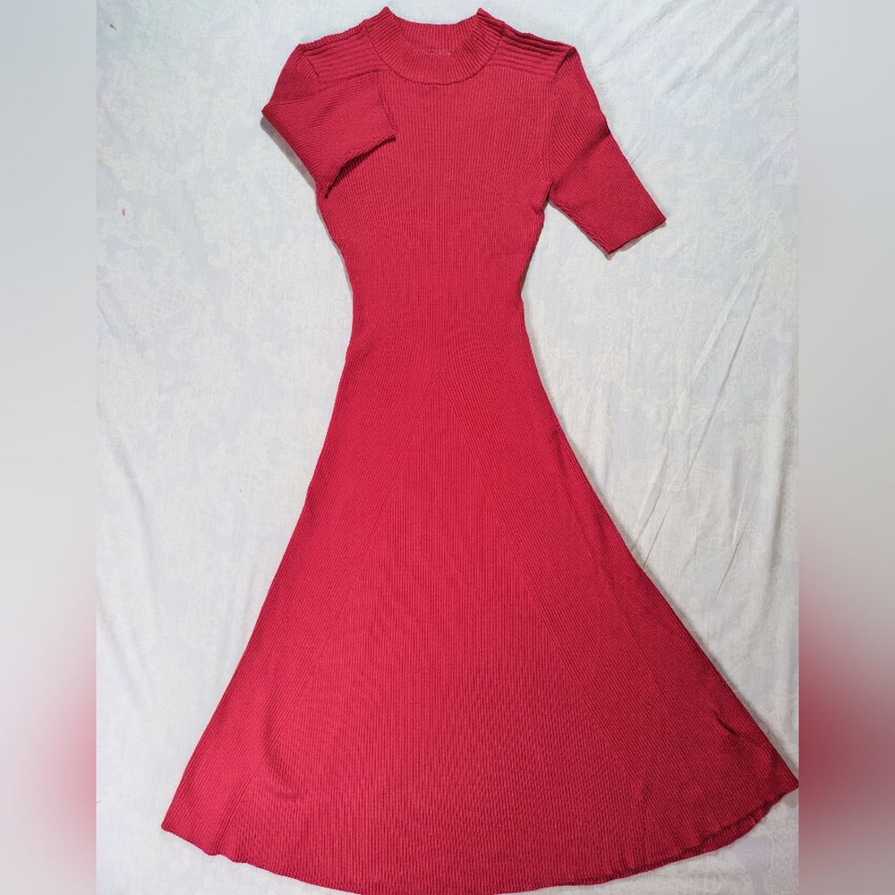 Red ribbed midi sweater dress